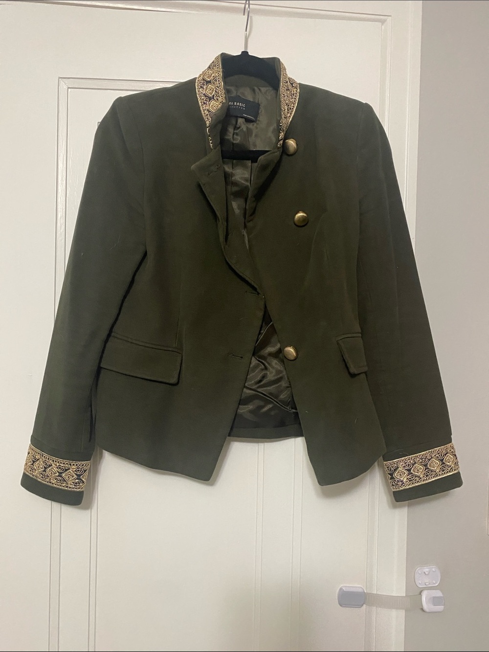 Zara Olive Green Embroidered Trim Double-Breasted Jacket